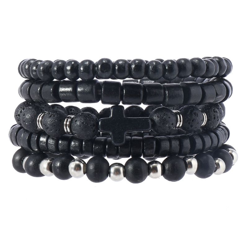 Bracciale con perline di legno con croce in lega di stile scuro alla moda Bracciale con perline di pietra vulcanica da uomo e-commerce_voghion.com