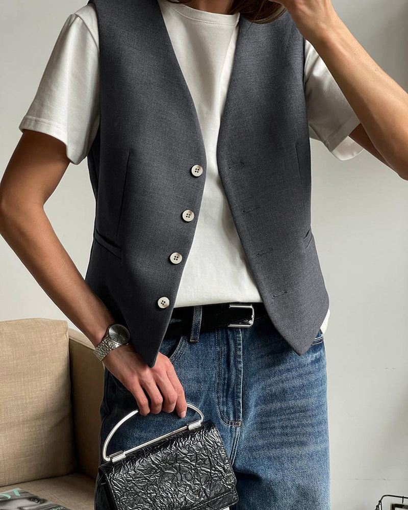 Costume deux pièces gilet et pantalon de style minimaliste à la mode et polyvalent pour femmes_voghion.com