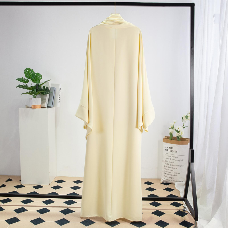 Dammekleeder Einfarweg Arabesch Kleed Fraekleed mat Kappduch Abaya Casual Loose Fliedermausärmel Robe_voghion.com