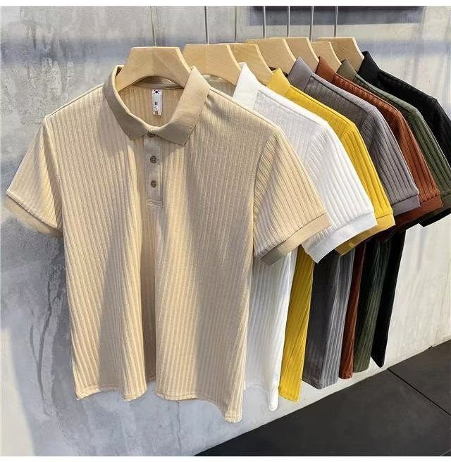 Trendy Hong Kong Style Lapelpolo Men's Short Sleeve Casual Loose Fit Summer Thin Solid Color Knitted Topt Base Layer Top_voghion.com