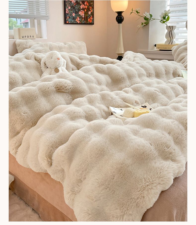 Set di quattro pezzi in peluche di pelliccia di coniglio sfumata di classe A, lenzuolo invernale in velluto color latte corallo spesso, tinta unita, double-face_voghion.com