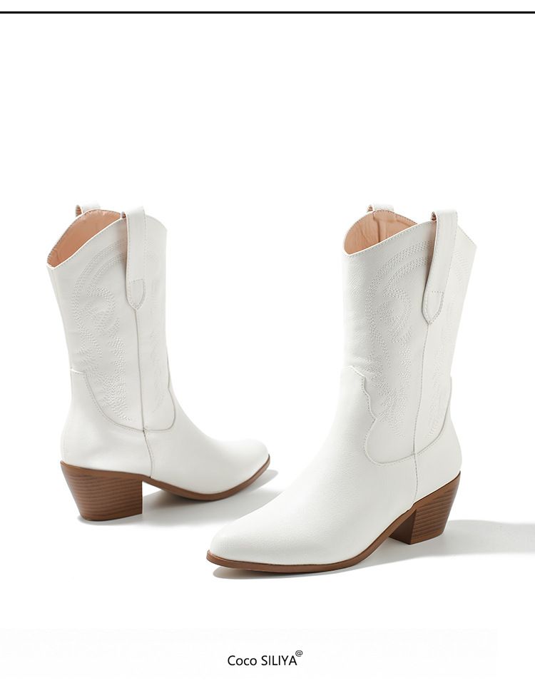 Vintage Pink Cowboy Boots For Women - Pointed Toe Embroidered Mid-Calf Boots With Chunky Heel (Wide Width Available)_voghion.com