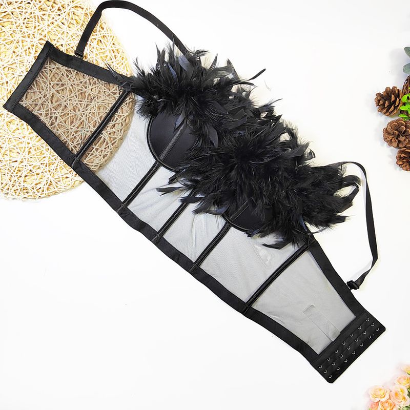 Chicken Feather Stitching Organza Sling Cross-border Sexy Perspective Mesh Strapless Outer Wear Short Fishbone Bra_voghion.com