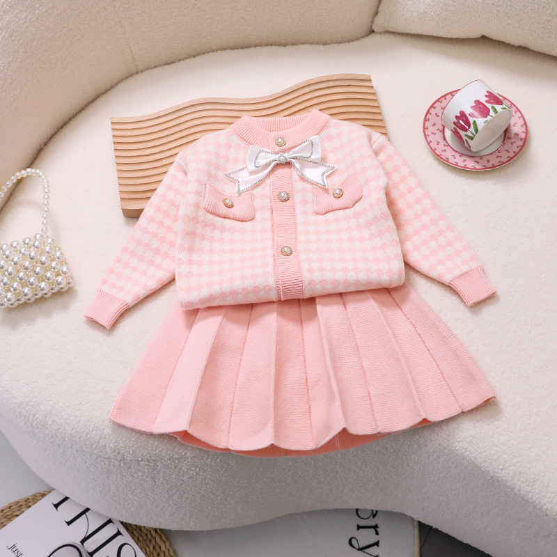 Cardigan tricoté parfumé pour fille, pull, jupe courte, ensemble deux pièces pour bébé, nouvelle collection automne/hiver 2023_voghion.com