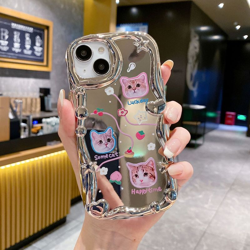 Three-dimensional wave applicable iPhone14PRO electroplated mirror cat bracket drop-resistant soft case  15 phone case_voghion.com