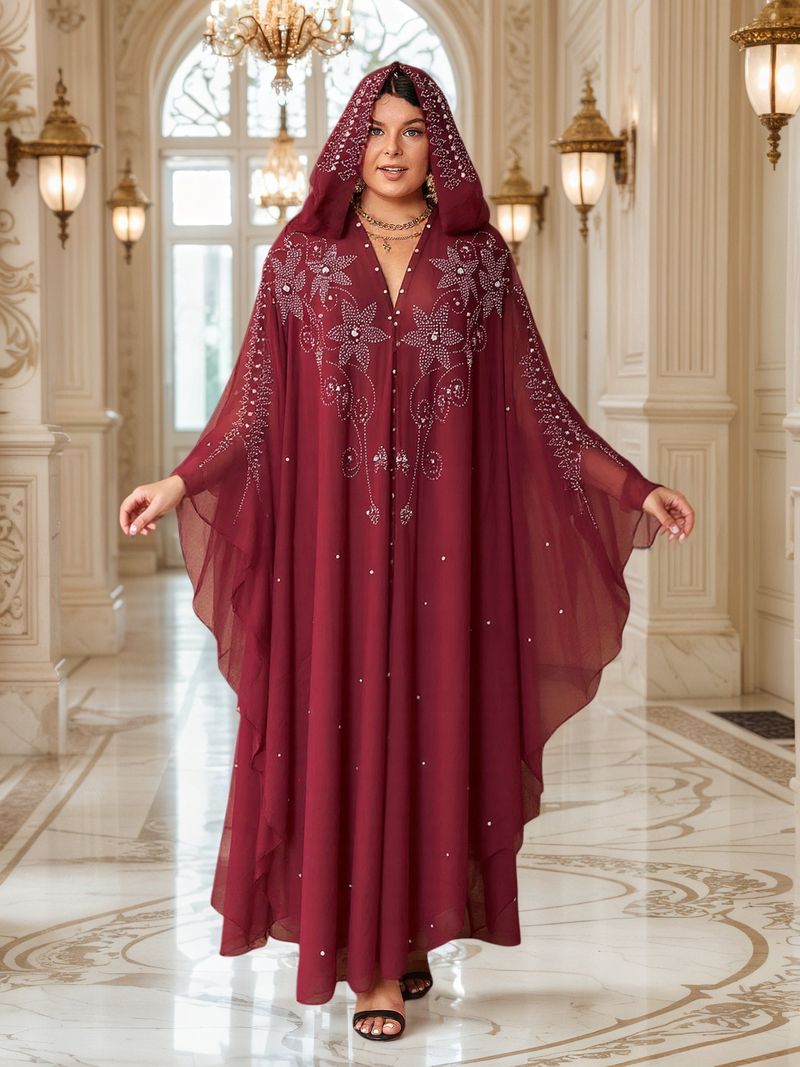 Robe cravejado de strass, xale muçulmano, vestido com capa e capuz, manga morcego, mais vendido_voghion.com