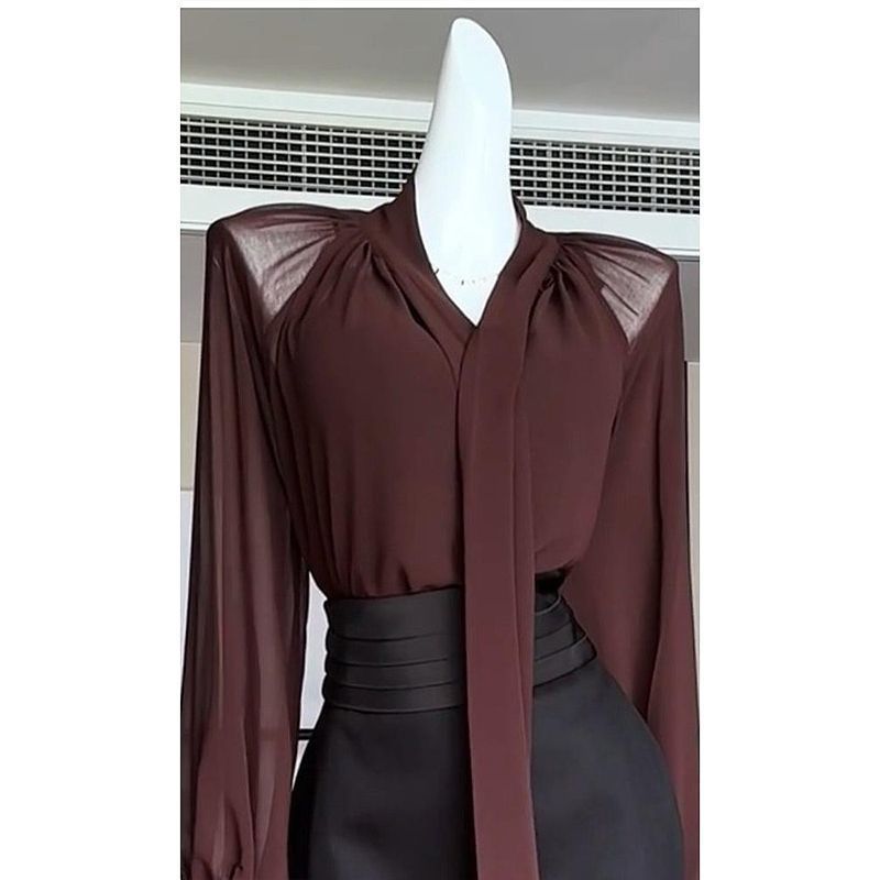 Spring Outfit Set: Minimalist High-End Style, Burgundy Lace-Up Shirt And Black Skirt Two-Piece Set_voghion.com