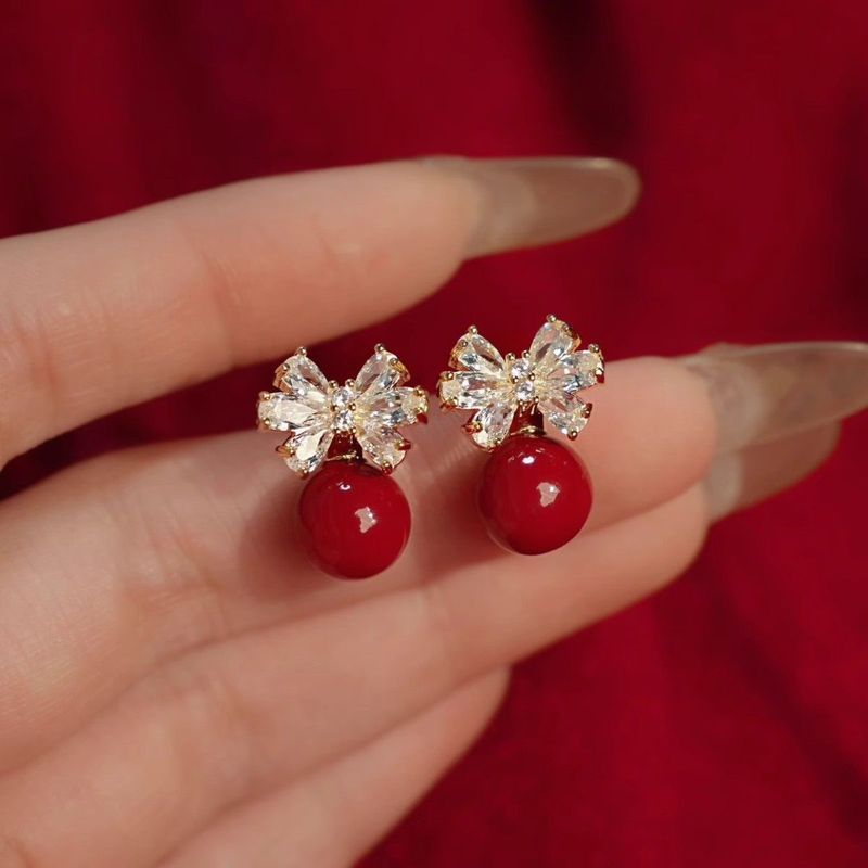 Festive Red Bow Bead Stud Earrings Niche Retro Temperament Earrings_voghion.com