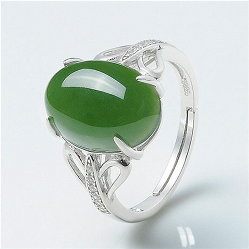 New Creative Green Agate Open Simple Diamond-Encrusted Ring Unisex Chalcedony Silver Jewelry_voghion.com
