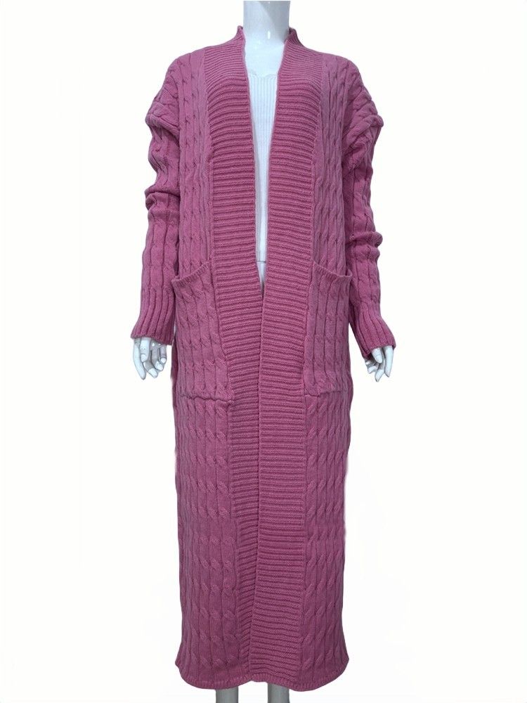 Damen-Strickpulloverjacke mit langen Ärmeln, lockerer langer Strickjacke_voghion.com