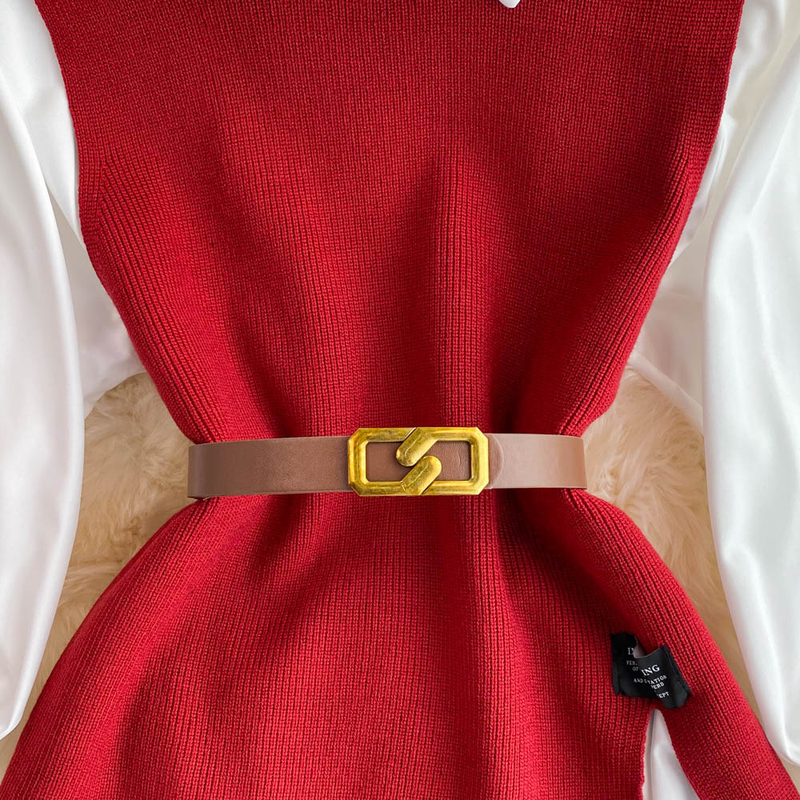 K Long-sleeved Suit With White Shirt, Sweater, Waistcoat, Age-reducing Loose Knitted Vest, Two-piece Set For Women_voghion.com
