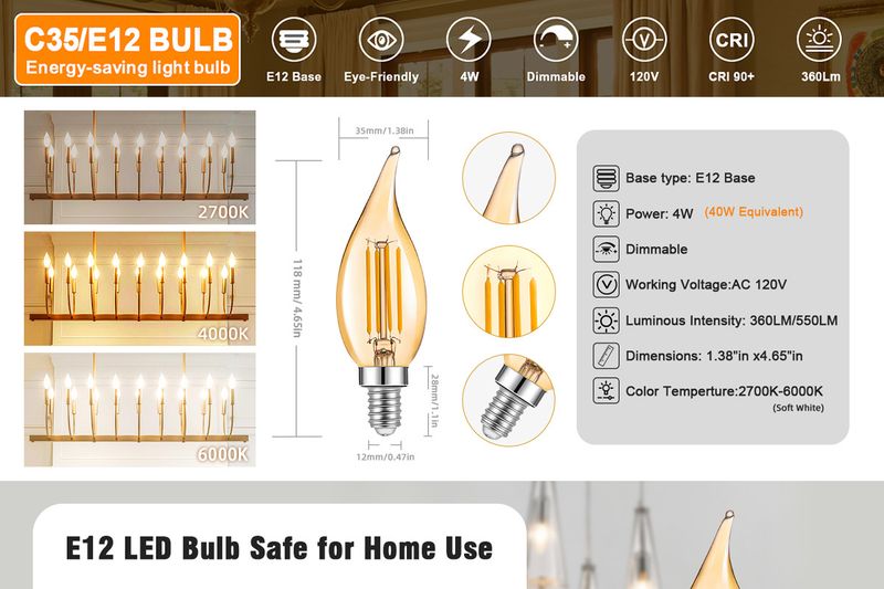 Lampadina a filamento LED C35 - Lampadina Edison vintage E12 con CRI 90, bianco caldo 2700K, dimmerabile, vetro infrangibile_voghion.com