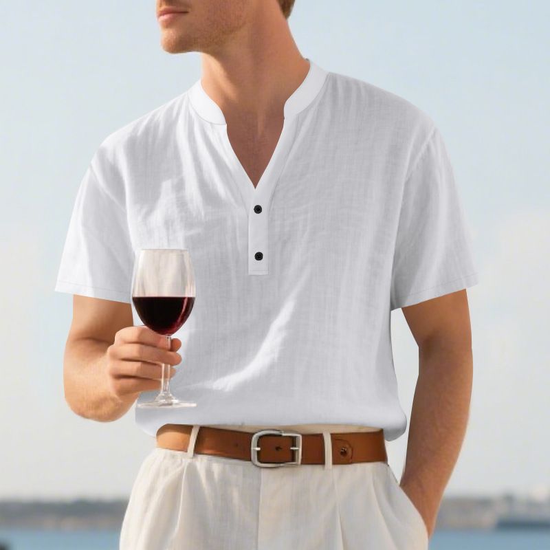 Camicia casual estiva da uomo, ampia, con colletto alto, abbottonata, in lino, a maniche corte, tinta unita, taglie forti_voghion.com