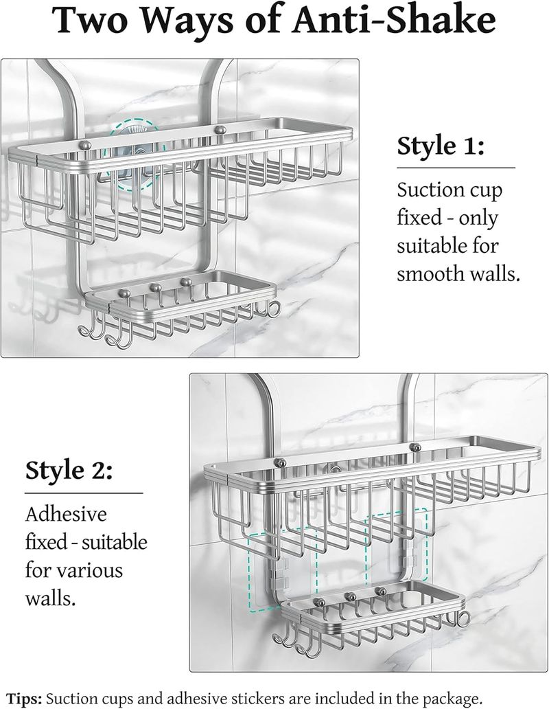 Dusch-Organizer aus Aluminium | 3 Körbe + 10 Haken | 18 kg Tragkraft | Wand-/Saughalterung | EU-Bad_voghion.com