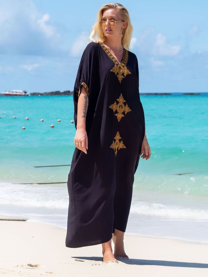 Robe de plage brodée en coton pour femme - Jupe longue portefeuille légère pour maillot de bain et protection solaire_voghion.com
