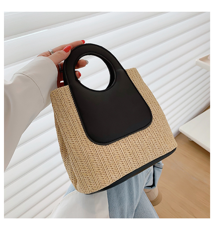 2023 Nuova borsa in tessuto di paglia con pannello a colori retrò a contrasto Borsa in tessuto di grande capacità Borsa a spalla semplice e alla moda_voghion.com