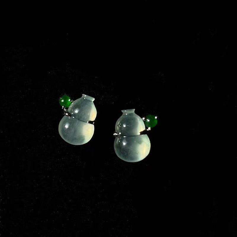 Ice seed white marrow gourd inlaid with green jade earrings S silver generous temperament luxurious small fresh lady_voghion.com
