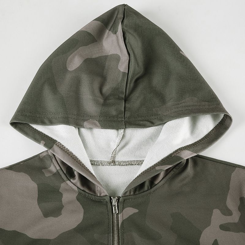 Sweat-shirt à capuche zippé de couleur contrastée camouflage pour femmes + pantalon de survêtement ample grande version décontracté deux pièces_voghion.com