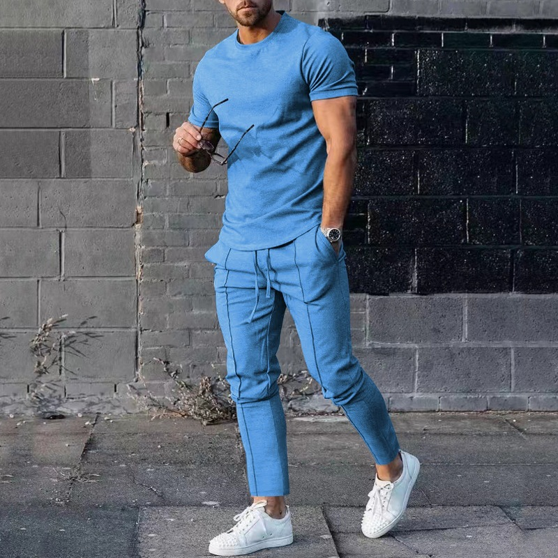 Men's Solid Color Casual Round Neck Short Sleeve Sports T Two-piece Suit_voghion.com
