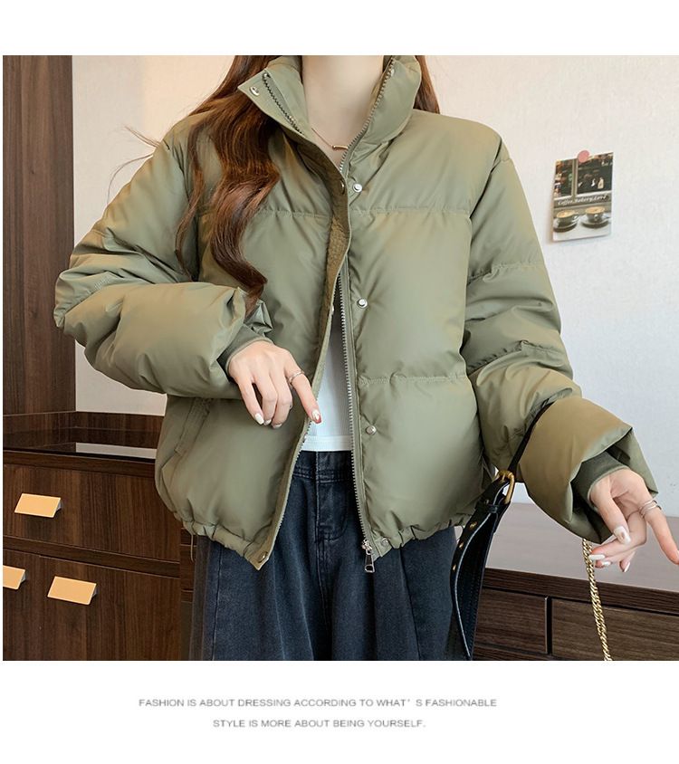 Dameskleding Koreaanse versie korte opstaande kraag kleine winterjassen katoenen jas voor dames eenvoudige losse versie rits pufferjack effen kleur_voghion.com