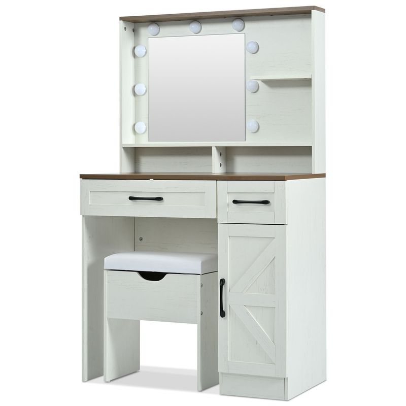 Farmhouse Makeup Vanity Desk With Mirror And Lights, 3 Lighting Modes, Vanity Set With Stool, Dressing Table With Adjustable Shelves,2 Drawers And Side Cabinet For Bedroom, White_voghion.com