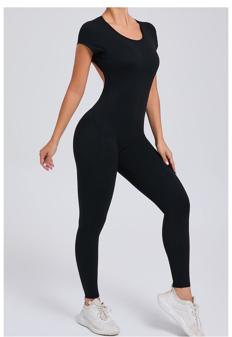 European And American Style Tight-Fitting Quick-Dry Jumpsuit One-Piece Yoga Outfit Short Sleeve Backless Hip-Lifting_voghion.com