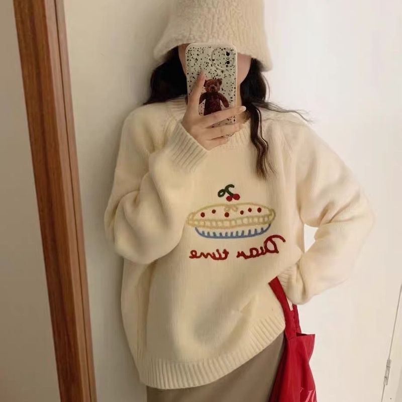 Winter New Gentle Cake Round Neck Embroidered Korean Version Cartoon Age-Reducing Versatile Knitted Sweater For Women_voghion.com