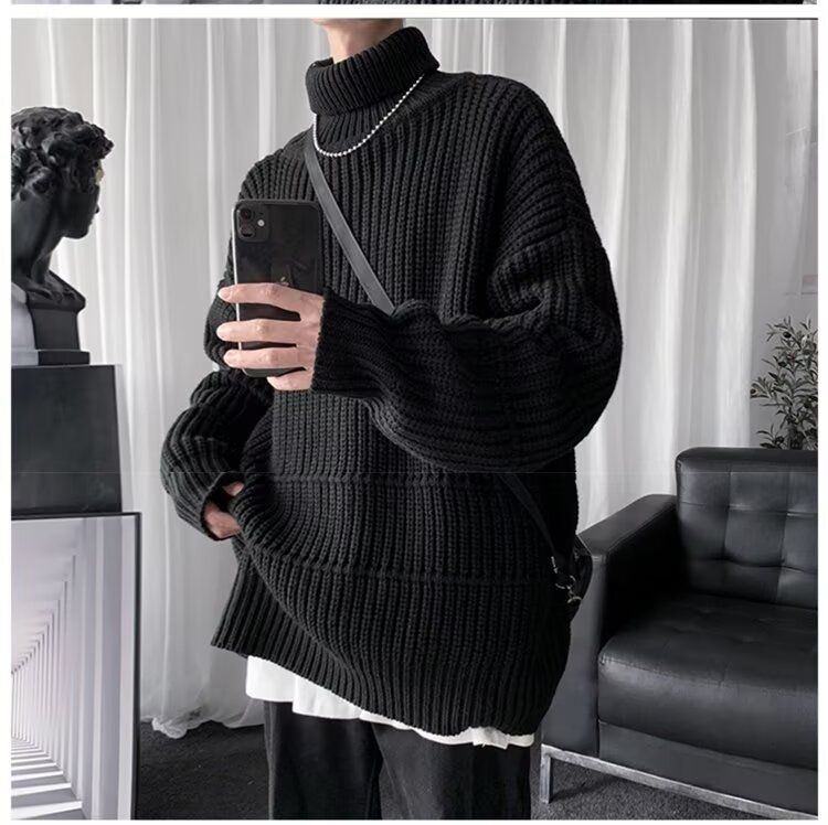 Thick Knit Turtleneck For Men, Autumn And Winter Solid Color Knitwear, Korean Lazy Style Couple Wool Sweater Coat_voghion.com
