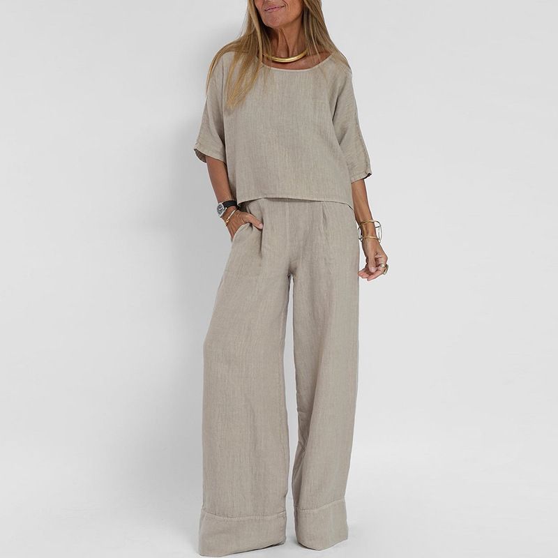 Women's Clothing Casual Fashion Pocket Trousers Beach Suit Short Sleeved Top Pullover Suit Female Cotton And Linen Solid Color Two Pieces_voghion.com