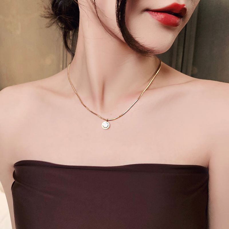 2024 New Simple Design Shiny Zircon Pendant Stainless Steel Gold Colour Necklace Girls' Collar Chain Fashion Jewelry For_voghion.com