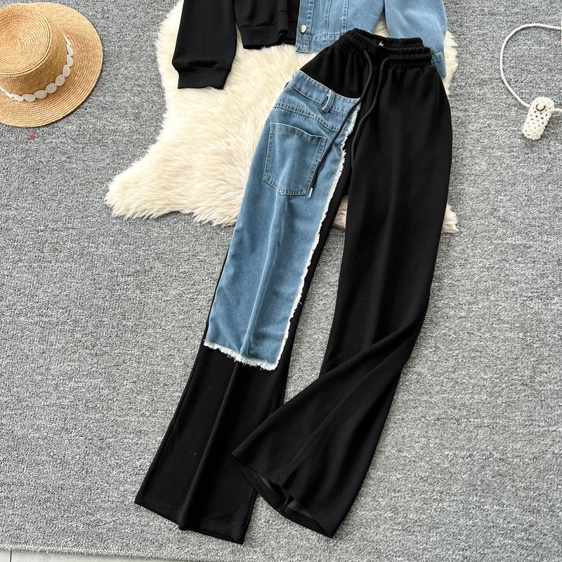 Casual Suit For Women Fashionable Design Splicing Hooded Sweatshirt High Waist Denim Splicing Wide Leg Pants Two Piece Set_voghion.com
