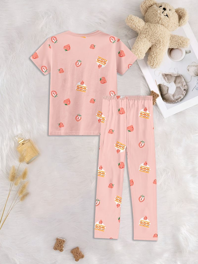 Pijamas de verano para niños, nuevos conjuntos de ropa de casa de manga corta para niños europeos y americanos, pijamas de bebé con cuello redondo y estampado de fresas._voghion.com