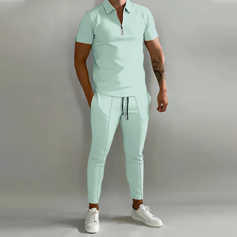 2024 Nieuwe 3D-geprinte effen polobroek met korte mouwen, casual set voor heren_voghion.com