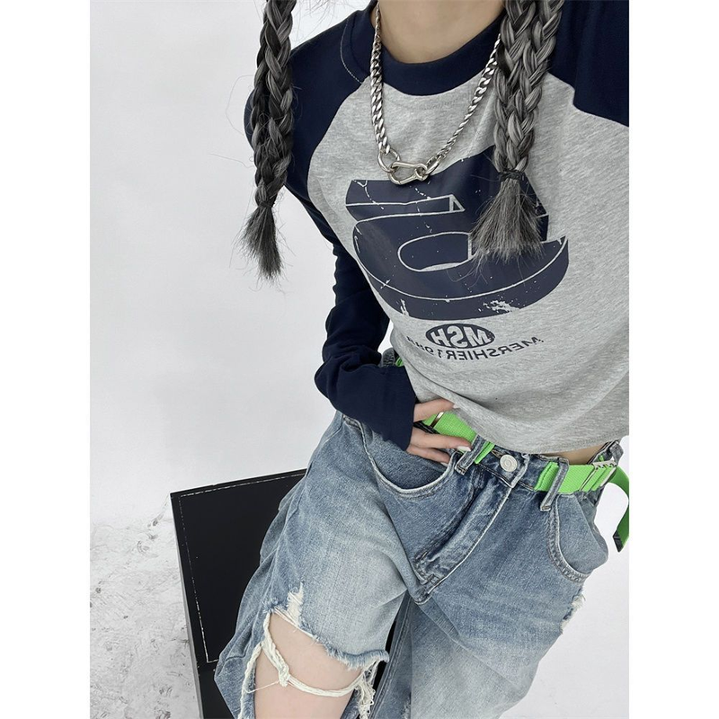 HOUZHOU Vintage Y2K Patchwork Groene T-shirts Vrouwen Hippie Streetwear T-shirts met lange mouwen Vrouwelijke Kpop Retro Herfst Crop_voghion.com