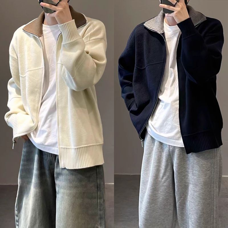 Cardigan d'hiver zippé pour homme – Veste à revers en tricot épais, doublure polaire chaude, style décontracté (bleu marine/abricot, M-3XL)_voghion.com