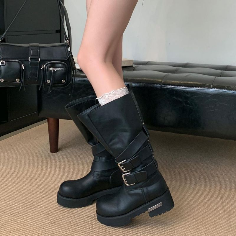 Women Boxing Boots 2025 Autumn Winter New Dark Style Belt Buckle Motorcycle Boxing Thick Sole Mid-Calf Riding Boots For Women_voghion.com