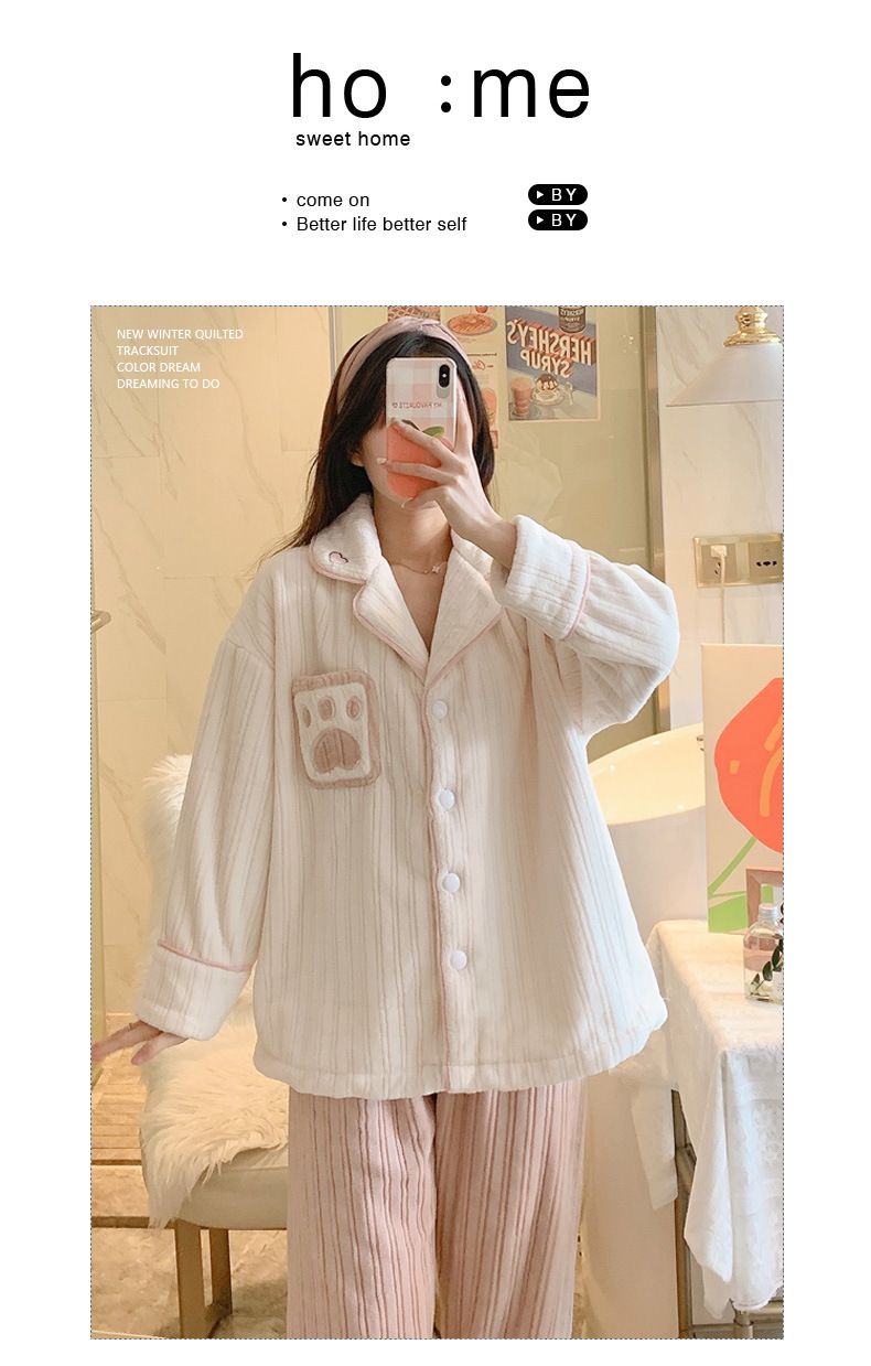 Pigiama da donna in flanella calda e spessa, primavera, autunno e inverno, set da due pezzi_voghion.com