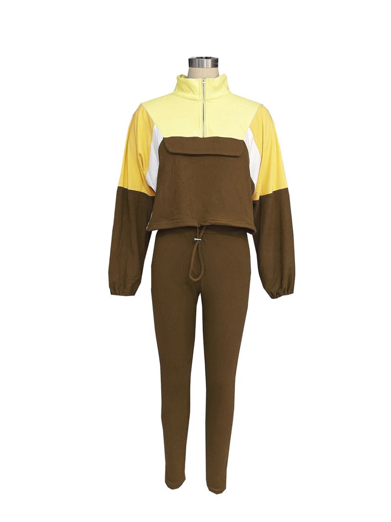 Women's Clothing Autumn Contrast Color Suit Zipper Color Block Sweater Tights Sports Two Piece Suit_voghion.com