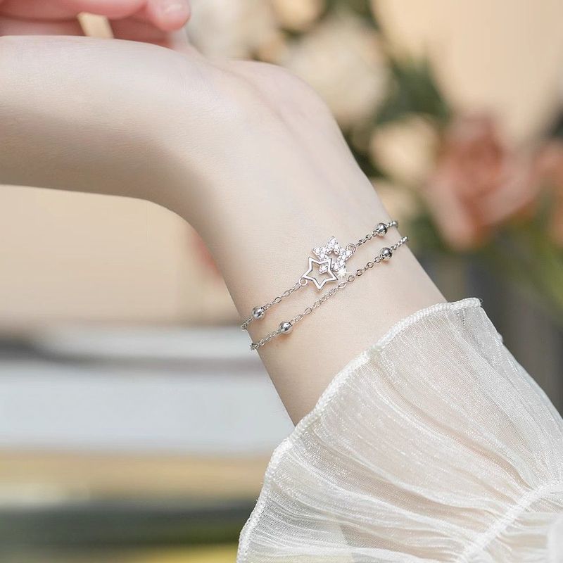 【Original Factory】Full Body S Silver Non-Fading Double Layer Star Bracelet Light Luxury Niche Design High-End Feel_voghion.com