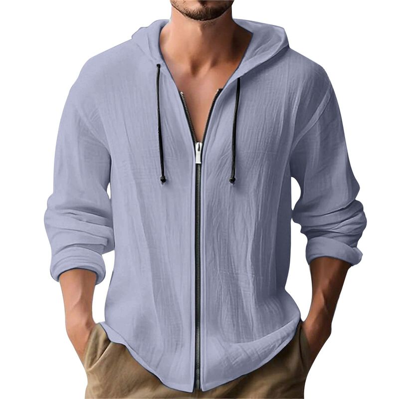 Herren-Kapuzenpullover mit Reißverschluss aus Leinenmischung – leichte, atmungsaktive Langarm-Hemdjacke (Weiß/Schwarz/Khaki, S-XXXL)_voghion.com