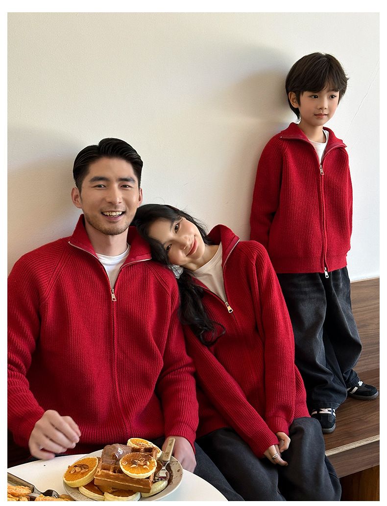 Trendy High-Neck Zip-Up Sweater Set – Matching Family Outfits For Lunar New Year & Christmas (80cm-XXL, Festive Red)_voghion.com