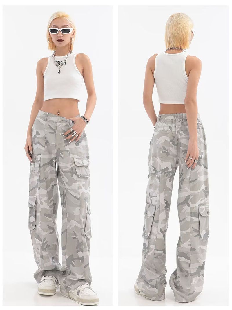 Oversize Light Gray Camouflage Cargo Unisex Hip Hop Multi-Pocket Loose Straight Drawstring Jogger Pants_voghion.com