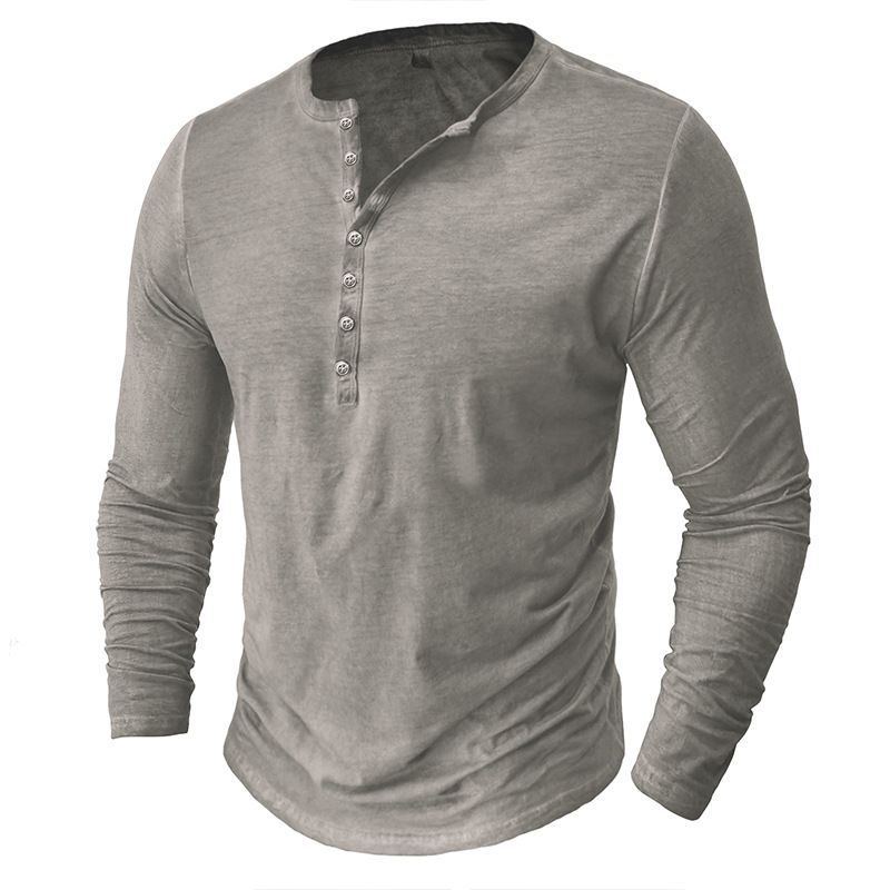 Europäisches Herren-Henley-Hemd, Retro-Langarm-T-Shirt, Herren-T-Shirt mit Knöpfen, gewaschenem V-Ausschnitt_voghion.com