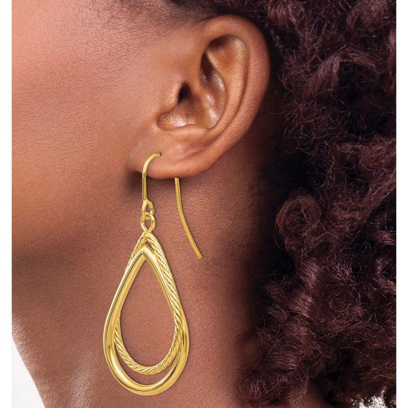 14K Polished And Textured Teardrop Shepherd Hook Earrings_voghion.com