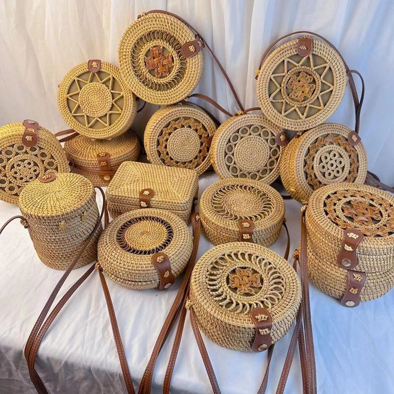 Borsa in rattan ins borsa a tracolla mini borsa cestino foresta retrò letterario borsa rotonda intrecciata borsa secchiello per le vacanze borsa con fibbia in pelle_voghion.com