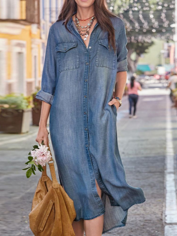 2023 Autunno-Inverno Nuovo abito da donna con scollo a V ampio gonna di jeans gonna di jeans leggera a maniche lunghe_voghion.com