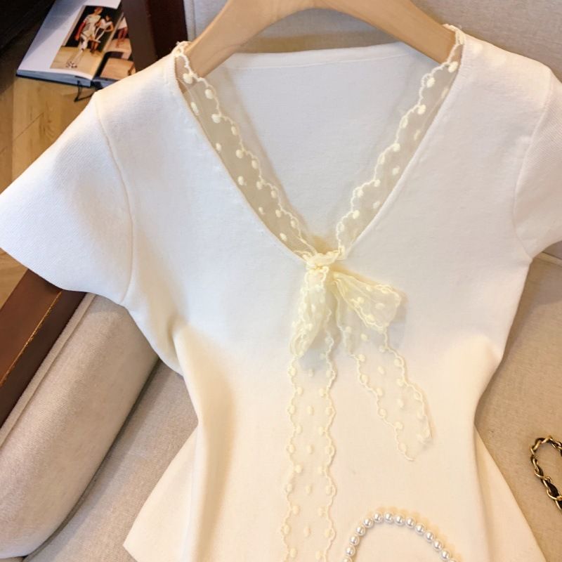 Maglietta a maniche corte in maglia con scollo a V, da donna, Real Shot_voghion.com