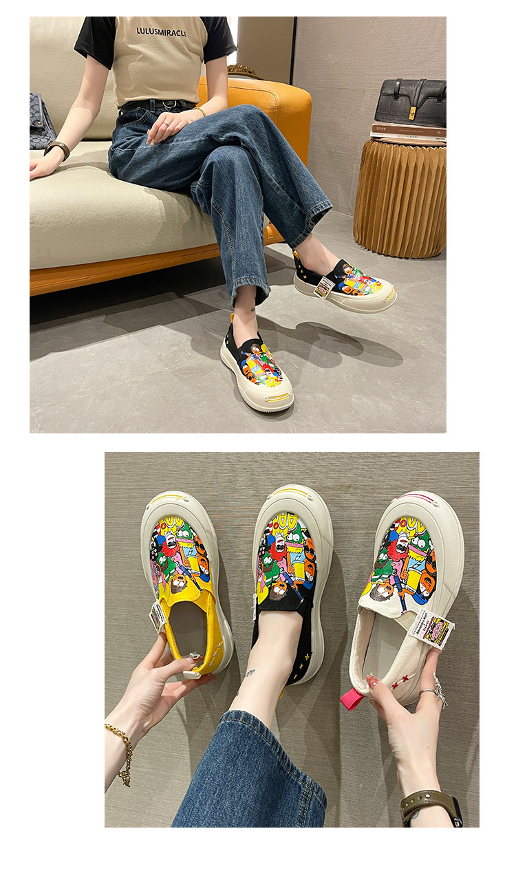 Commercio estero di grandi dimensioni tela graffiti bocca superficiale scarpe singole da donna 2023 primavera nuovo slip-on con fondo muffin a punta tonda_voghion.com