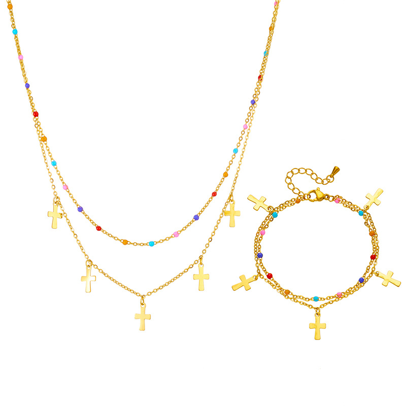 Europäische und amerikanische Mode kreative Persönlichkeit Allgleiches ethnischer Stil Mischfarbe Reisperlenkette Kreuz Titanstahl Anhänger Schmuckset_voghion.com