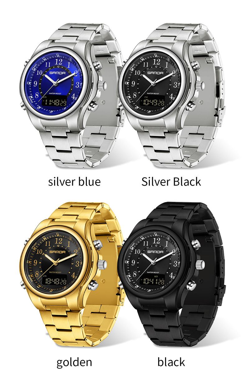 Montre à quartz pour homme à double affichage, bracelet en acier inoxydable, multifonction, lumineuse et étanche. Montre tendance et décontractée._voghion.com